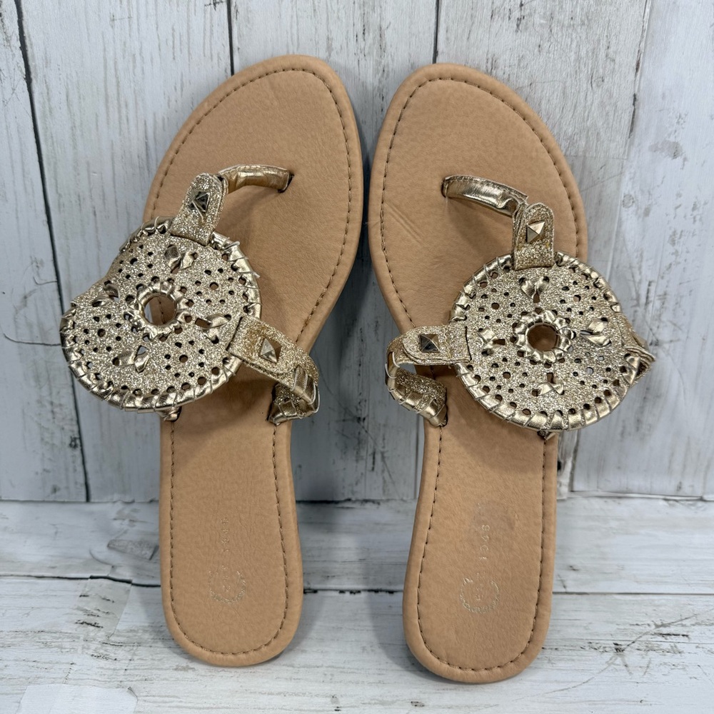 Women’s Cest 1946 Sandle Tan Gold Emblem Studs size 8 Summer Wedges Shoes Boho